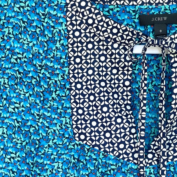 J. Crew Silk Blend Floral Blouse Peasant Flower-Patch Tie Neck Long Sleeve Blue - Picture 2 of 16